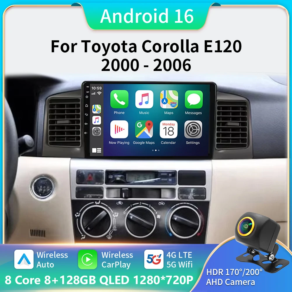 

for Toyota Corolla E130 E120 2000-2006 Android 16 Car Radio Multimedia Player Navigation GPS wireless Carplay 2din Stereo Dvd