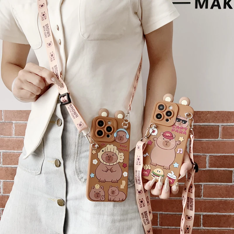 For Samsung Galaxy S20 S21 S22 S23 S24 S25 Plus Ultra FE Edge Funny Capibala Case With Holder Rope