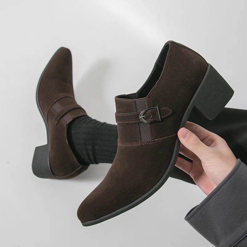 

Новые мужские кожаные туфли-монки с острым носком на высоком каблуке, увеличивающие рост, удобные для бизнеса, повседневной носки, торжественных мероприятий, вечеринок и свадеб