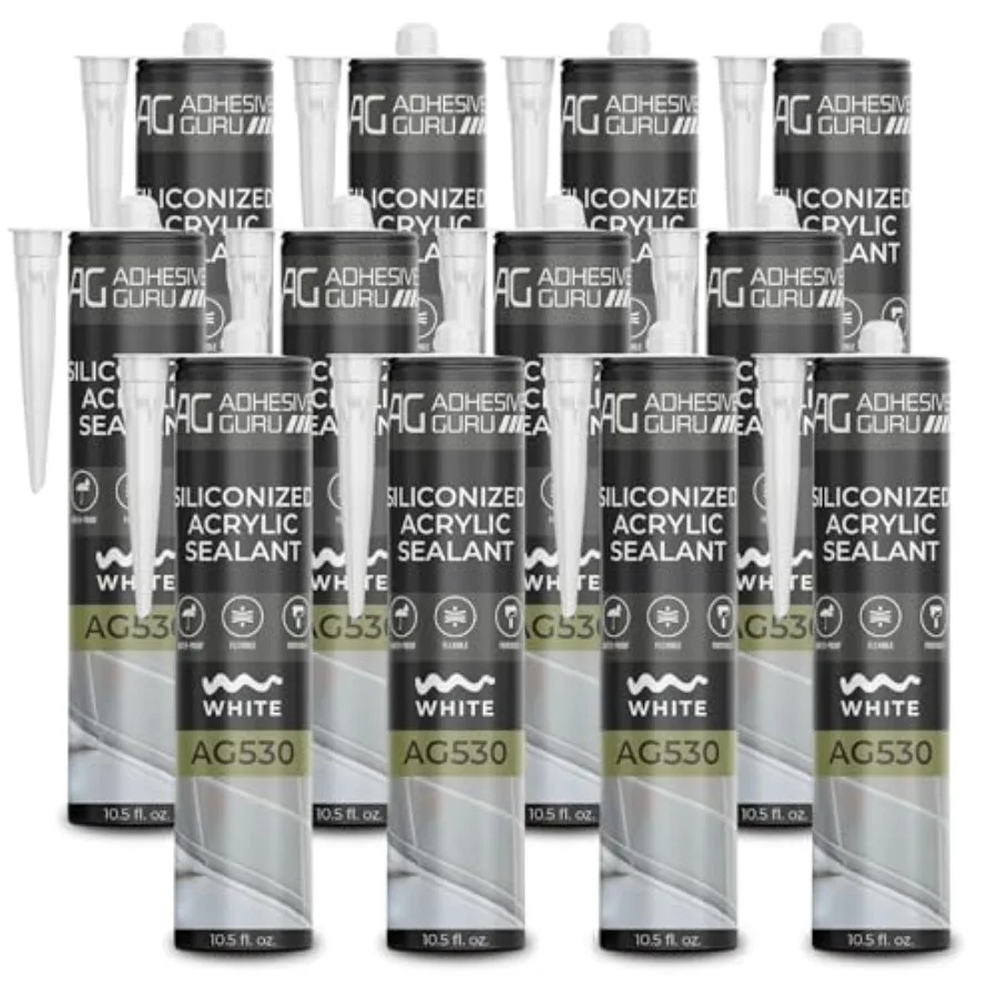 

Adhesive Guru AG530 Siliconized Acrylic Sealant 12x10.5 fl oz,Waterproof Paintable Caulk for Bathtubs, Windows, Showers, Indoor