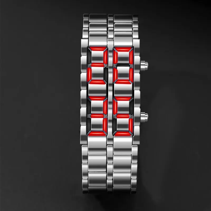 Fashion Silver Full Metal Digital Lava Wrist Watch Men Red LED Display Mens Watches Gifts for Male Boy Sport Creative Clock