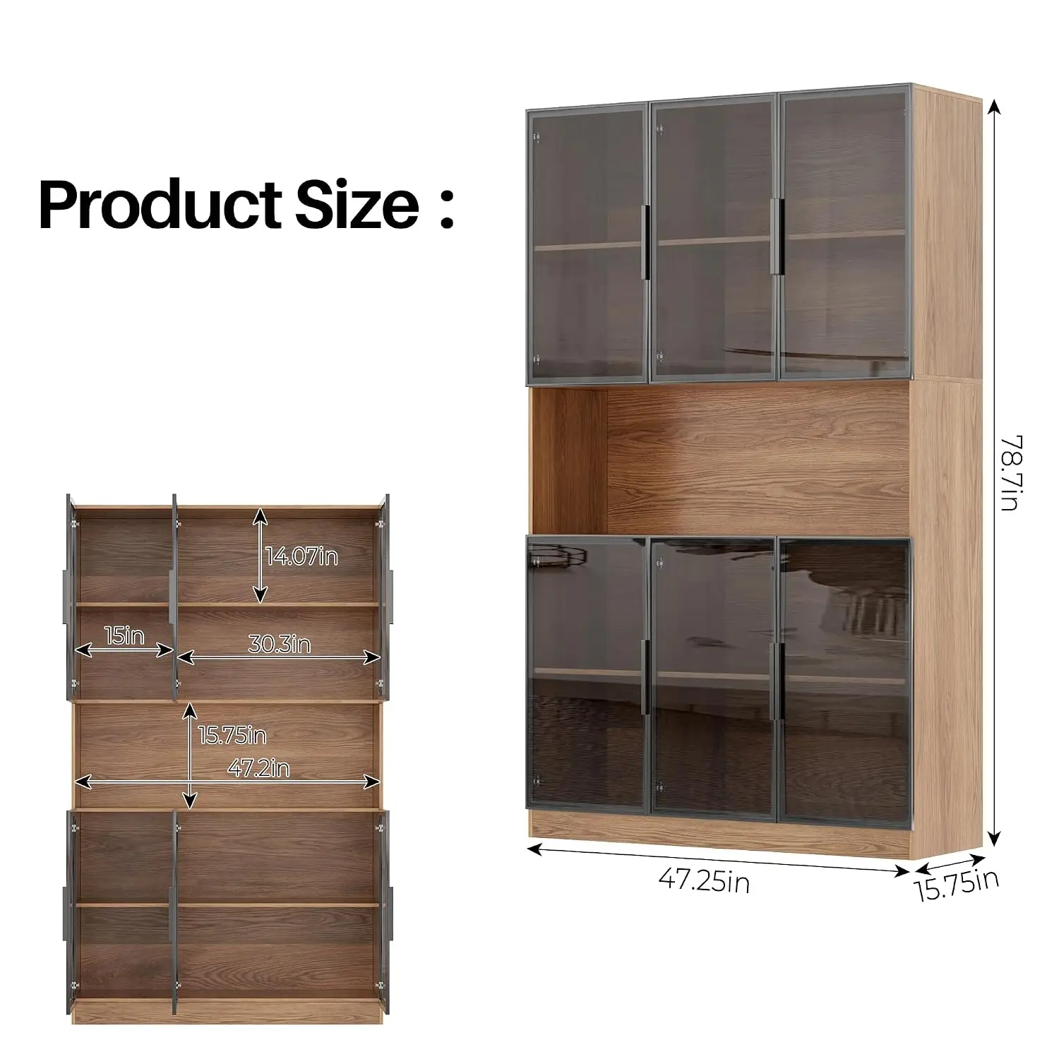 Wooden Display Cabinet Glass Doors & RGB Lights, 5-Tier Shelf Books Kitchen Pantry, Walnut 47.2"Wx16.5"Dx78.7"H, Customized - view 2
