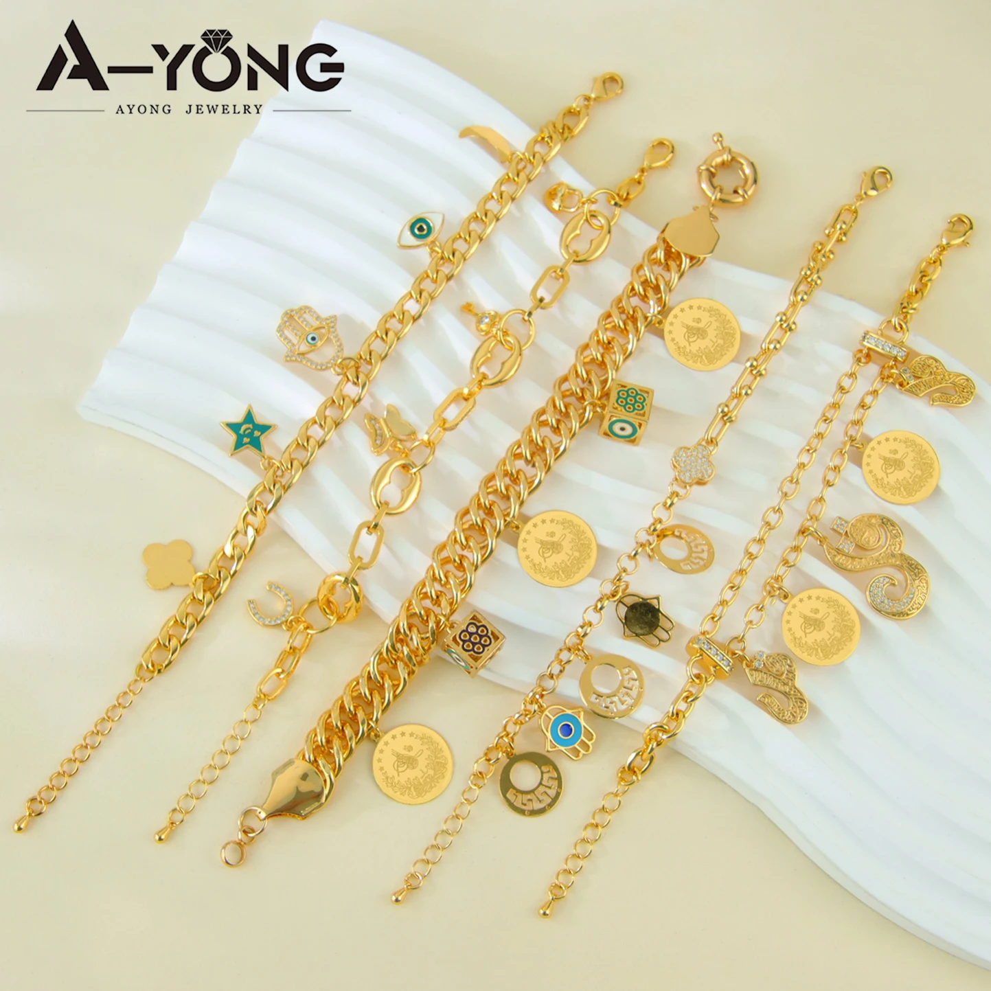 

Модный браслет-подвеска в Дубае, 21 К позолоченный итальянский исламский цирконий, хип-хоп, ручные цепочки, Алжир, женские украшения для вечеринок