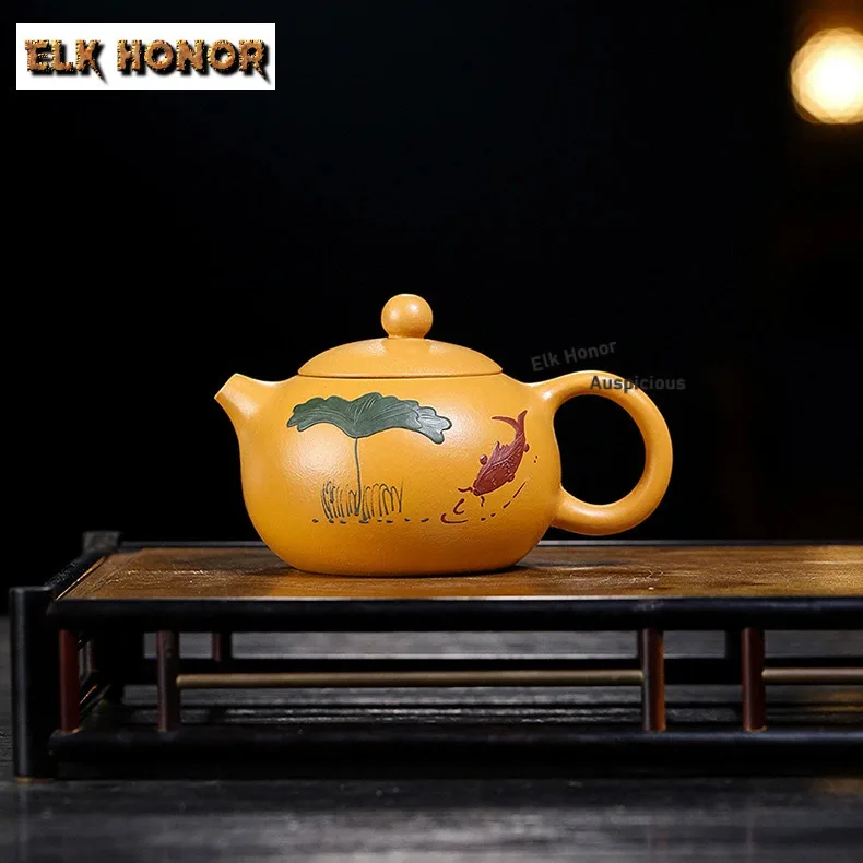 

210 мл антикварные чайники из фиолетовой глины Исин, ручная роспись грязи, лотос, рыба, горшок Xishi, секция из сырой руды, грязевой чайник, чайный сервиз Zisha, подарок