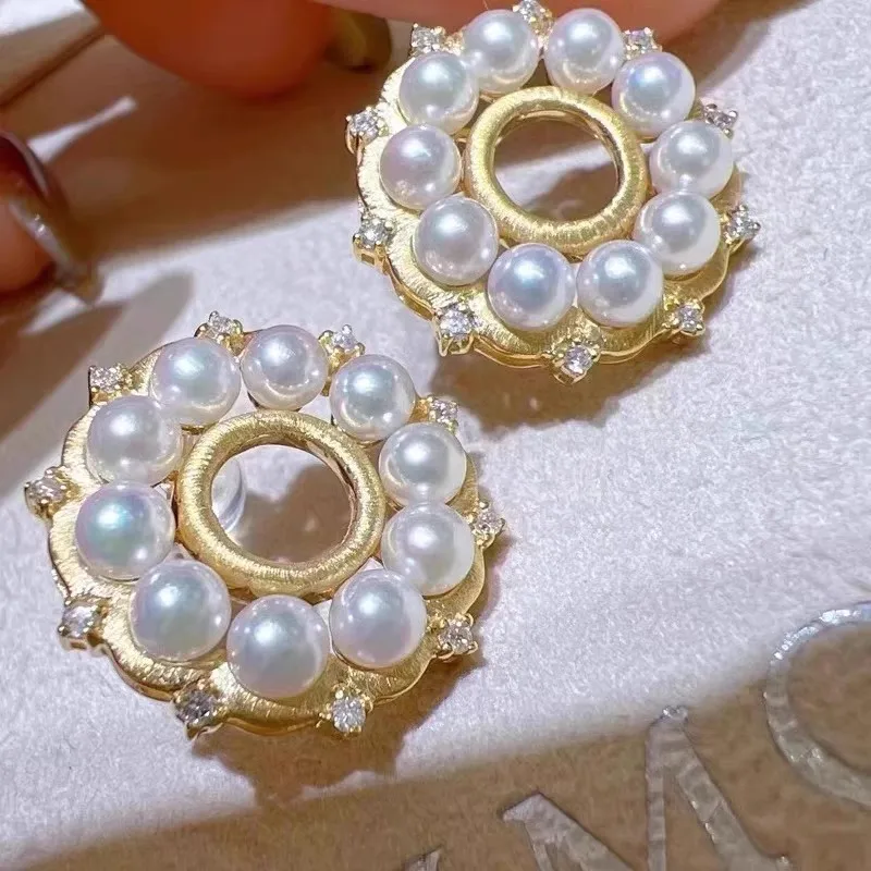MeiBaPJ DIY 925 Silver Holder 3-4mm Nearround Natural Pearls Fashion Flower Stud Earrings Fine Wedding Jewelry for Women