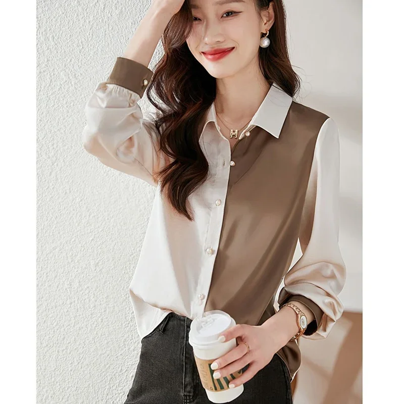 Temperament Chiffon Patchwork Blouse Spring New Long Sleeve Polo Neck Loose Contrast Shirt Tops Casual Fashion Women Clothing