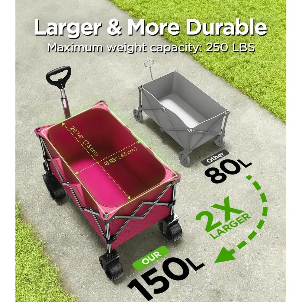 Large-Capacity Collapsible Utility Wagon with Big Wheels for Outdoor & Home Use - Pink