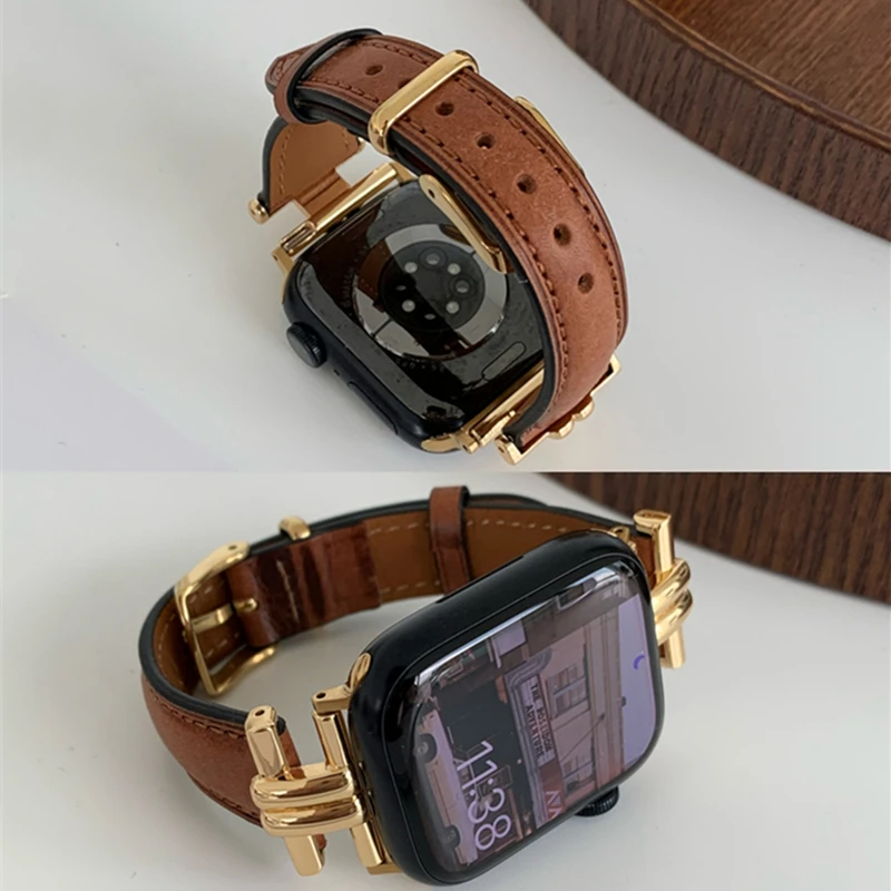 Retro Leather Strap For Apple Watch Band 41mm 45 44 40mm 42 38mm Metal Buckle Design Watchband Bracelet For iWatch 7 SE 6 3 4 5