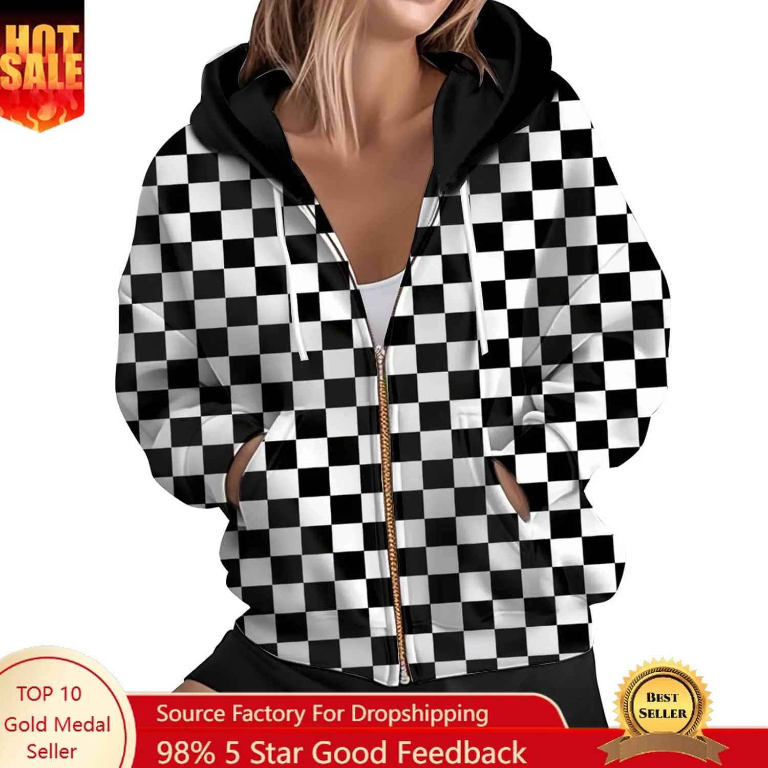 

Women's Zip Front Plaid Sweatshirts Print Hoodie Fall Jackets Long Sleeve Casual Drawstring Clothes