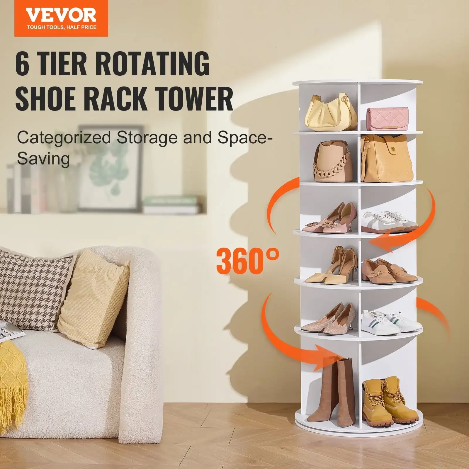 

6-Tier Rotating Shoe Rack Tower 360° Spinning Shoe Display Carousel White