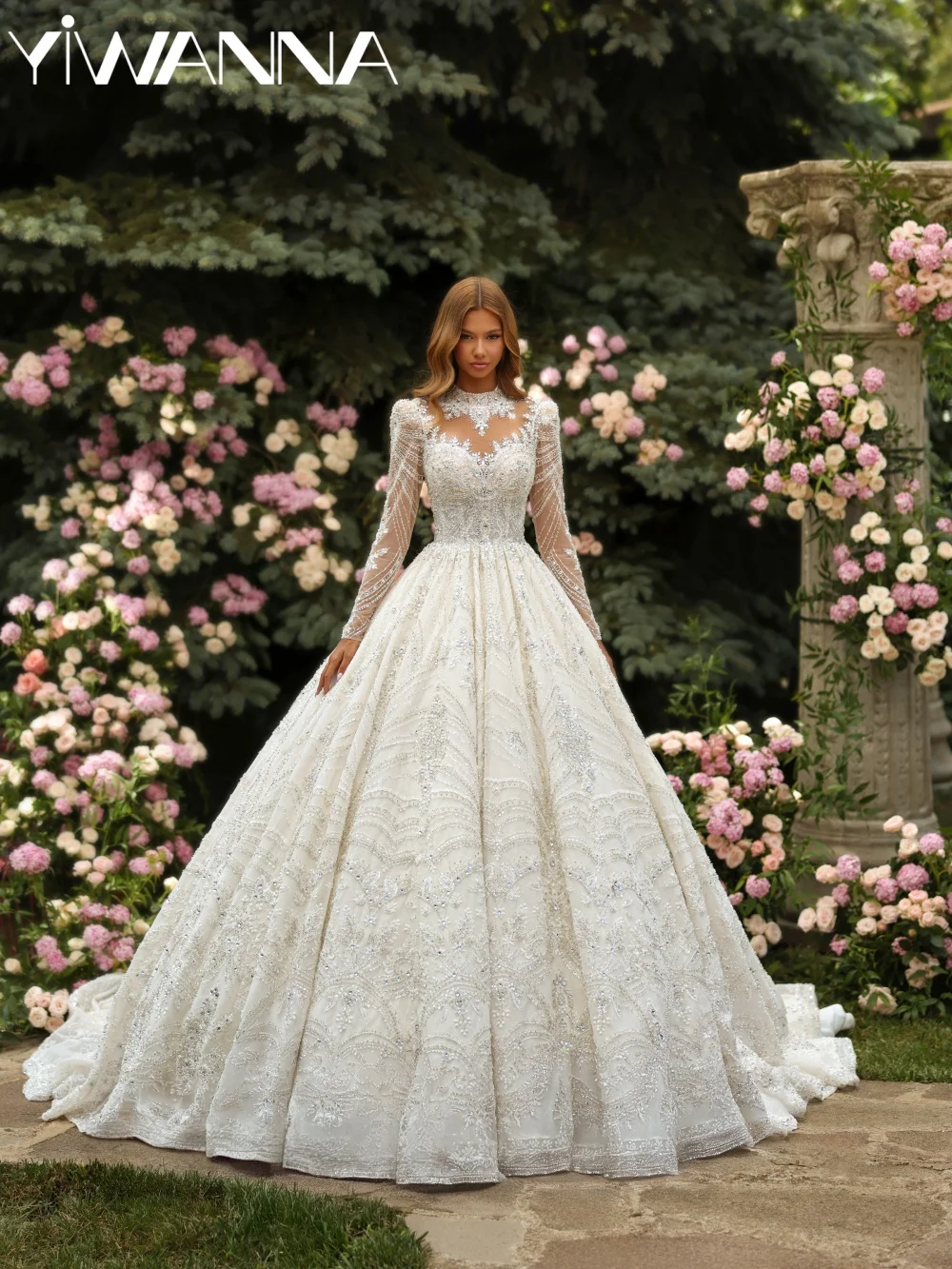 

Opulent Sparkling Embroidery Crystal Wedding Dress Modest High Collar Bridal Gown Customized Elegant Long Dresses For Bride