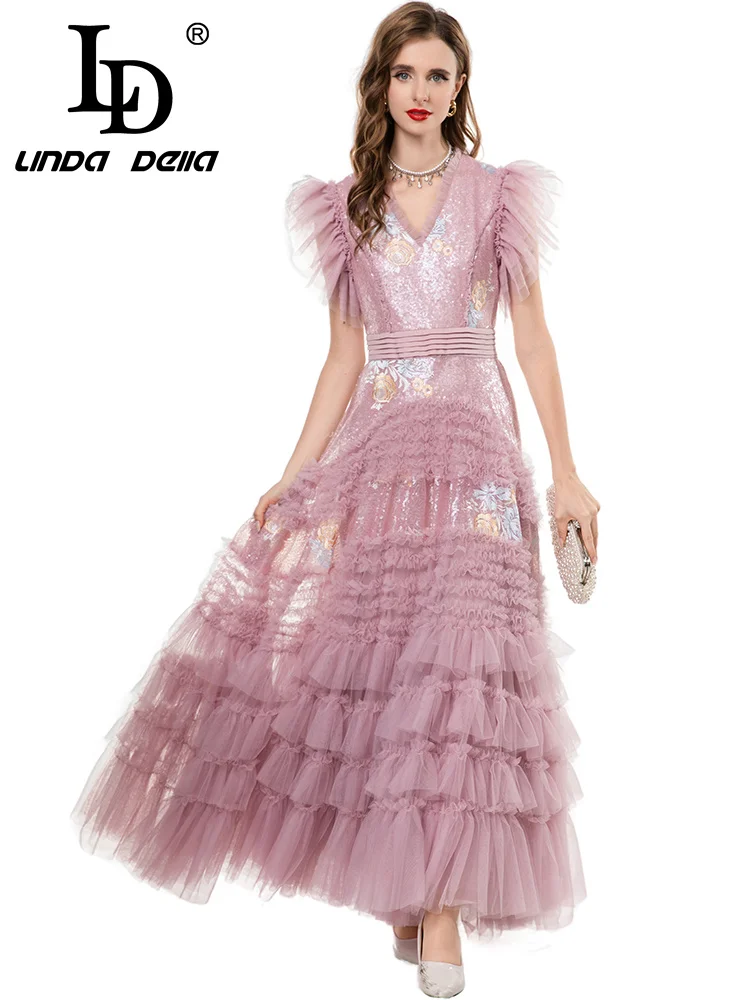 LD LINDA DELL فستان عشاء شبكي مطرز بلون سادة ورقبة على شكل حرف V فستان عشاء مثير للولائم عالي الخصر فستان عصري