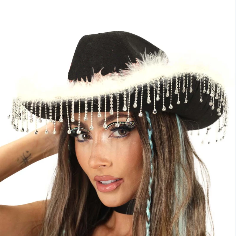 Dourbesty Rhinestone Tassel Cowboy Hat y2k Party E-girls Casual Feather Star Print Caps Vintage Royal Court Style Elegant Hats