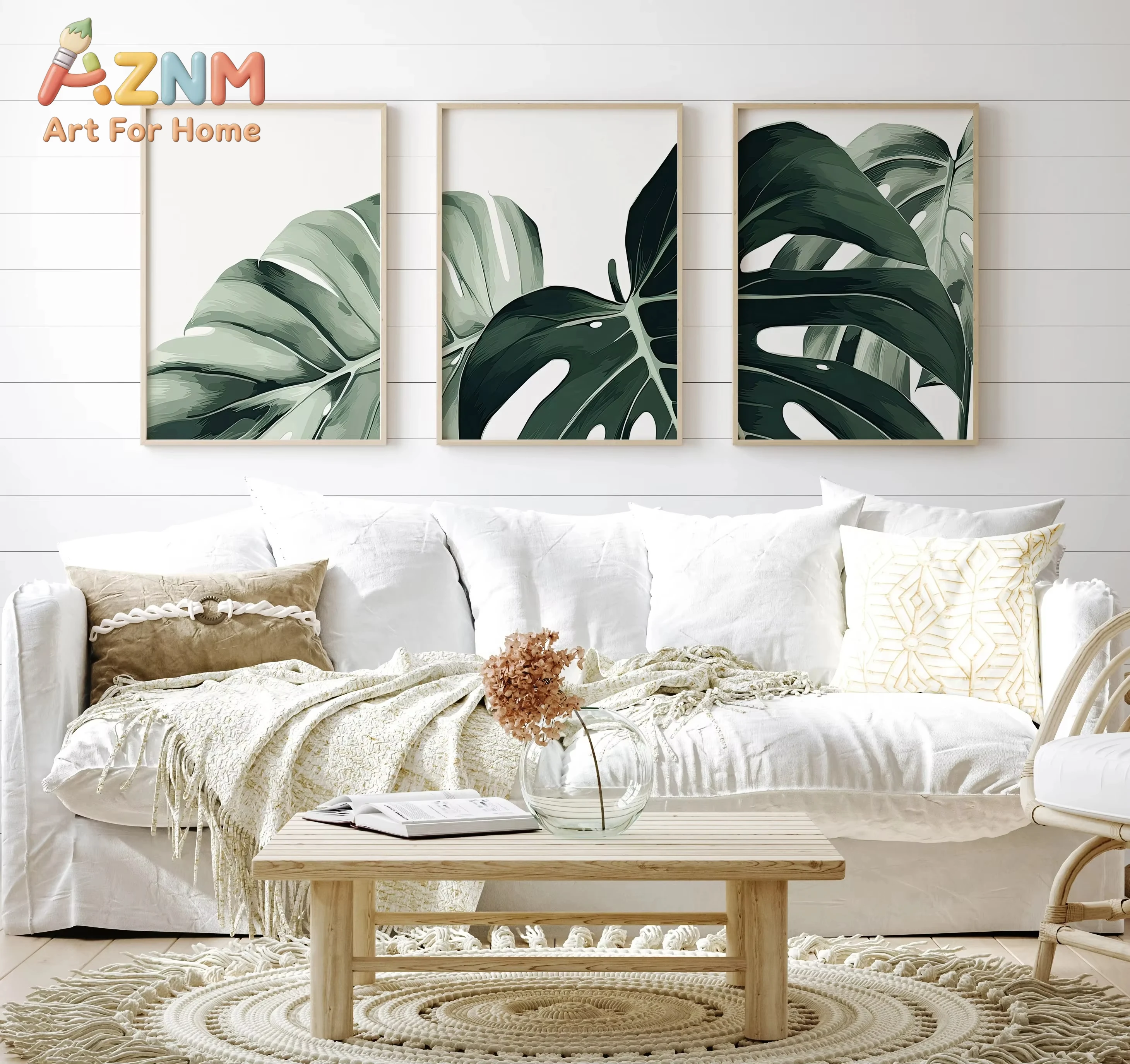 Monstera-Wandkunst-Triptychon, botanisches Druckset, Wohnzimmer-Wandkunst, botanische Illustration, Leinwanddruck, Kunstposter, Heimdekoration