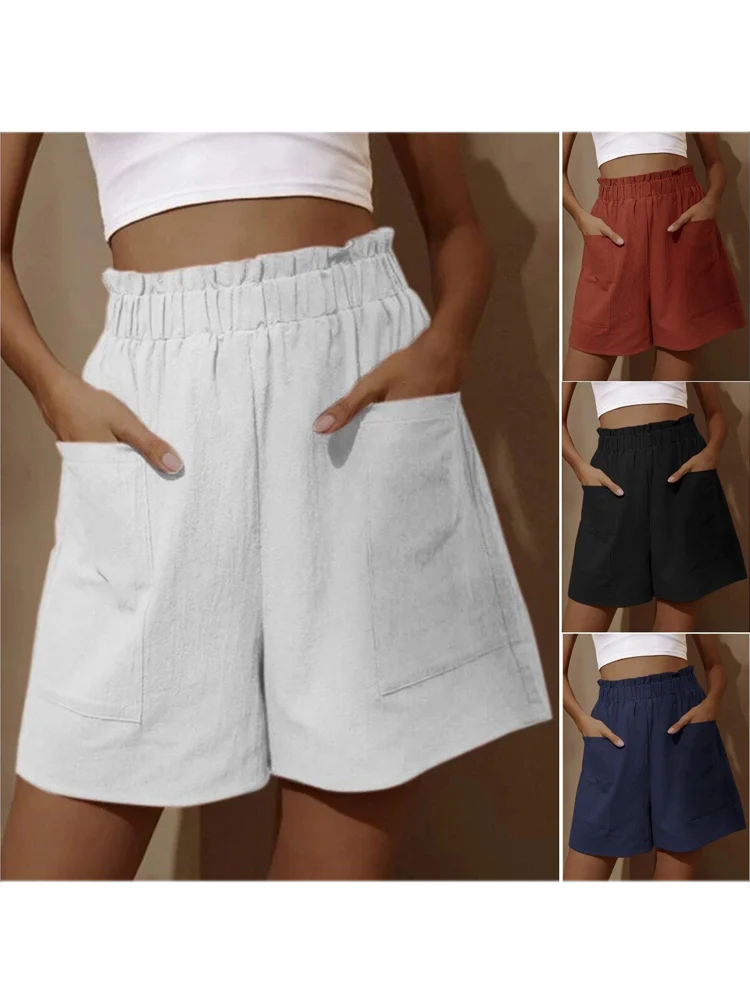 Shorts casuais soltos de tamanho grande para mulheres, calças largas de cintura alta, cor sólida, verão, novo