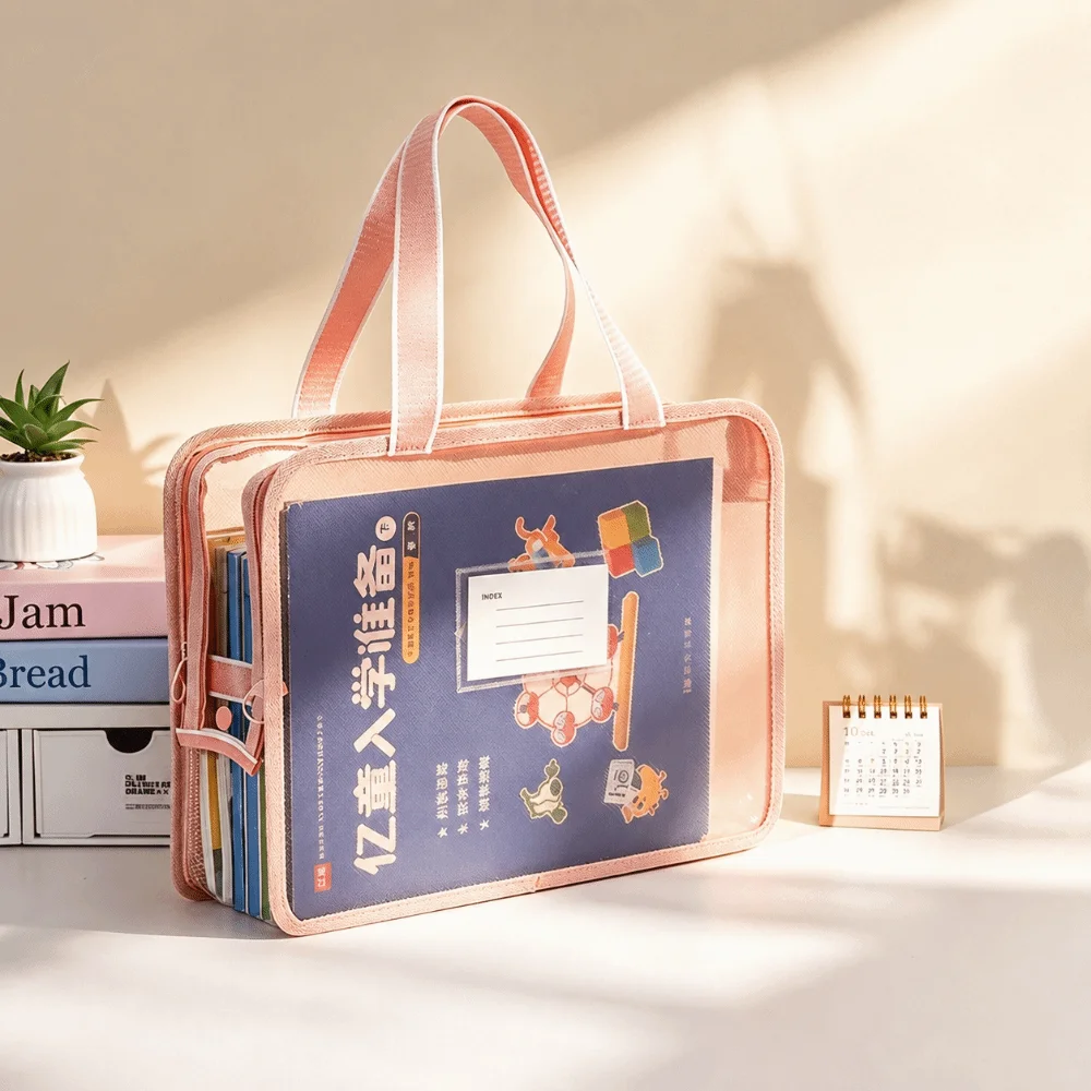Portable Clear Tote File Bag Mesh Waterproof A4 Book Handbag Large Capacity L-Shape Large Opening Document Organizer Students