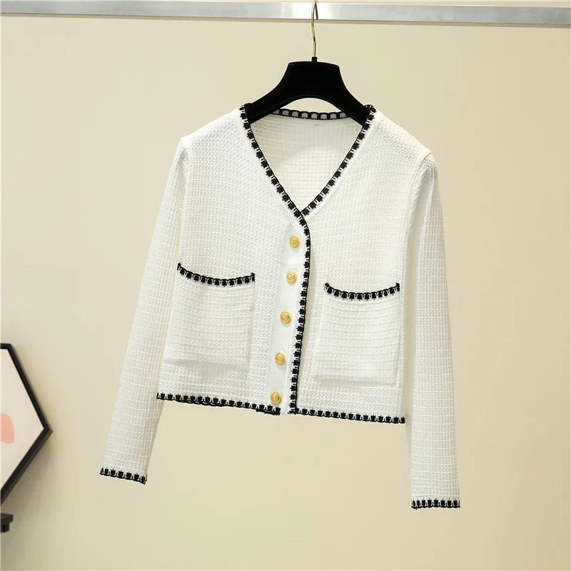 Knitted Sweater Women\'s 2024 Spring Autumn New Slim  V-neck   Long Sleeved Short jacket Trendy All-Matched Single Breasted Top