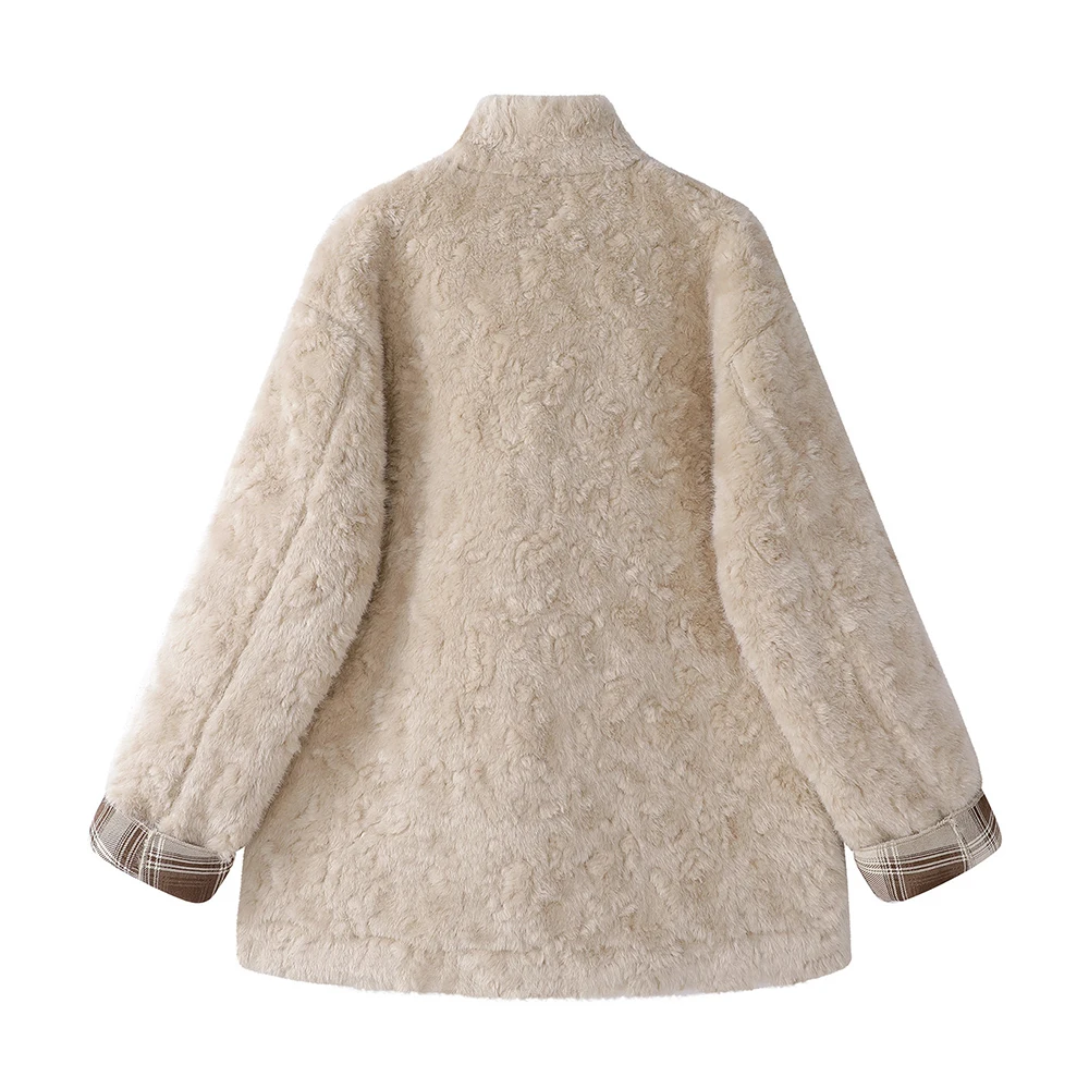 Women Shearling Faux Fur Jacket Thick Warm Winter Coat Plaid Lined Oversized Toggle Button Outerwear