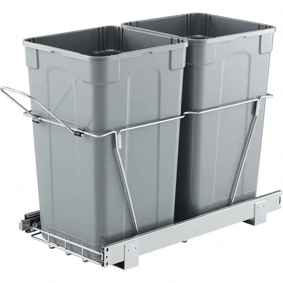 Pull Out Dual Compartment Trash Can For Kitchen Cabinet With Full Extension Metal Slide System Grey
