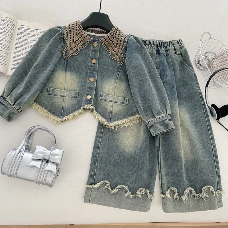 

Girls' Denim Long Sleeve Pants Suit2025Autumn New Fashionable Soft Denim Two-Piece Set for Babies