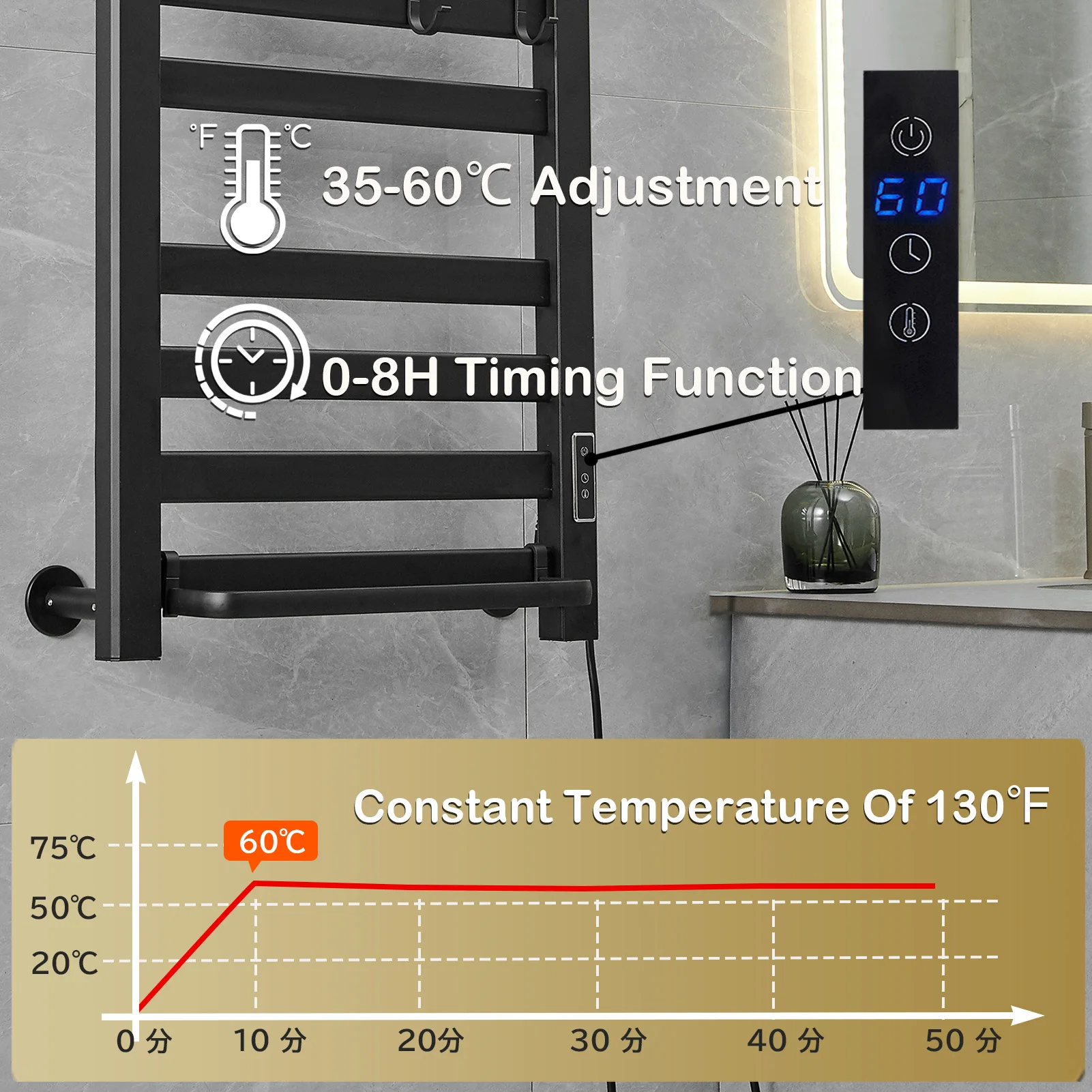 Black Electric Heating Towel Rack Thermostatic Dry Bathroom Touch Digital Display Towel Wall Mounted Saving Electric