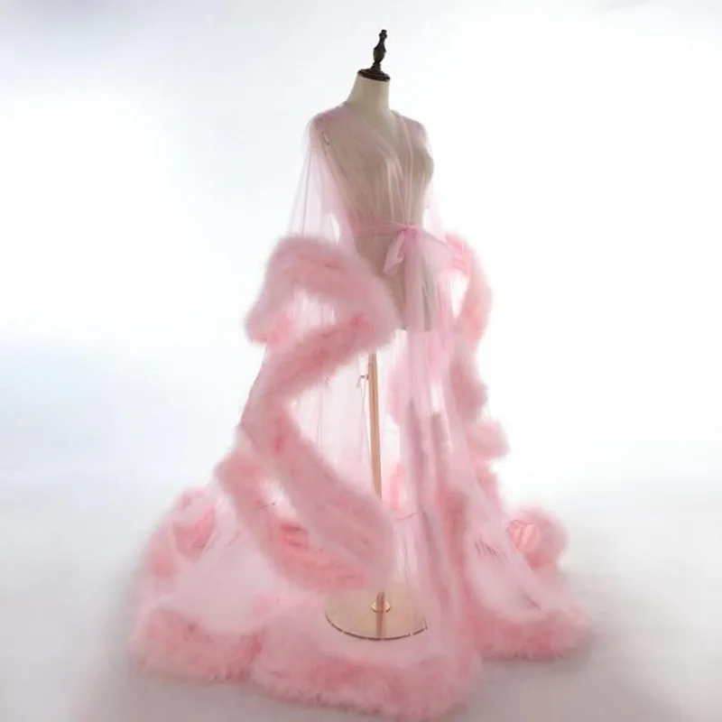 Oversized Batwing Feather Dressing Gown Floor Length Ethereal Maternity Shoot Bridal Portrait Wrap Tie Waist Sheer Mesh Robe