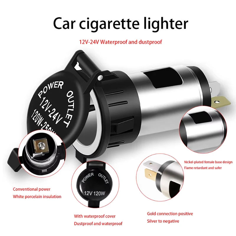 12-24V Waterproof Car Cigarette Lighter Socket Power Outlet with Lighter Plug,Metal Shell 120-250W for Car Truck Motorcycle