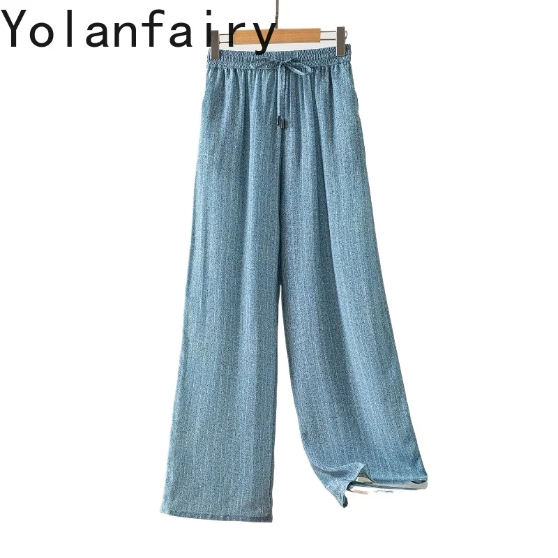 

YOLANFAIRY 100% натуральные шелковые женские брюки из тутового шелкопряда, модные полосатые джинсовые брюки 2026 года, повседневные прямые брюки для женщин