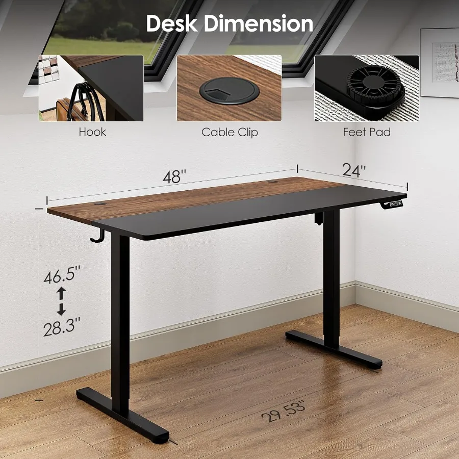 Electric Height Adjustable Standing Desk 48x24 Inches for Home Office Ergonomic Workstation with Black Steel Frame and Black To