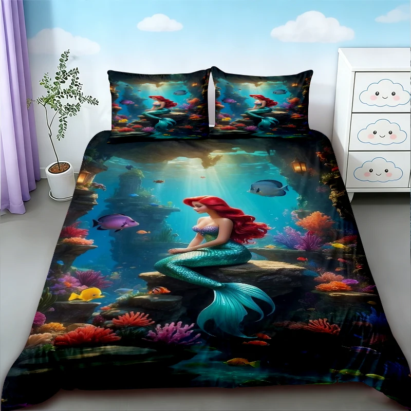 

3pcs Duvet Cover Set Mermaid Cartoon Beautiful Bedding Set Quilt Cover Queen King Size for Girl Bedroom Home Decor