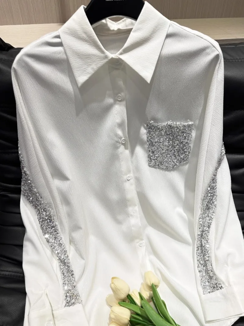 2025 Summer New Niche Design Heavy Industry White Sequin Splicing Casual Sunscreen Shirt Top Shirt For Women