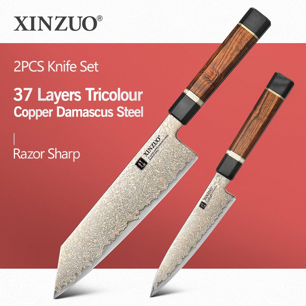 

XINZUO 2PCS Kitchen Knife Sets 37 Layers Tricolour Copper Damascus Steel Perfect Sharp Blade Knife with Acacia Wood Gift Box