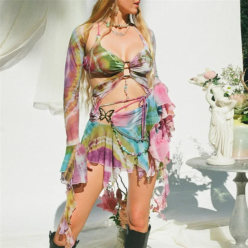 y2k Aesthetic Butterfly Print 3 Pcs Set Long Flare Sleeve Shawl Halter Lace Up Sexy Top Pleated Skirt Summer Beach Outfits