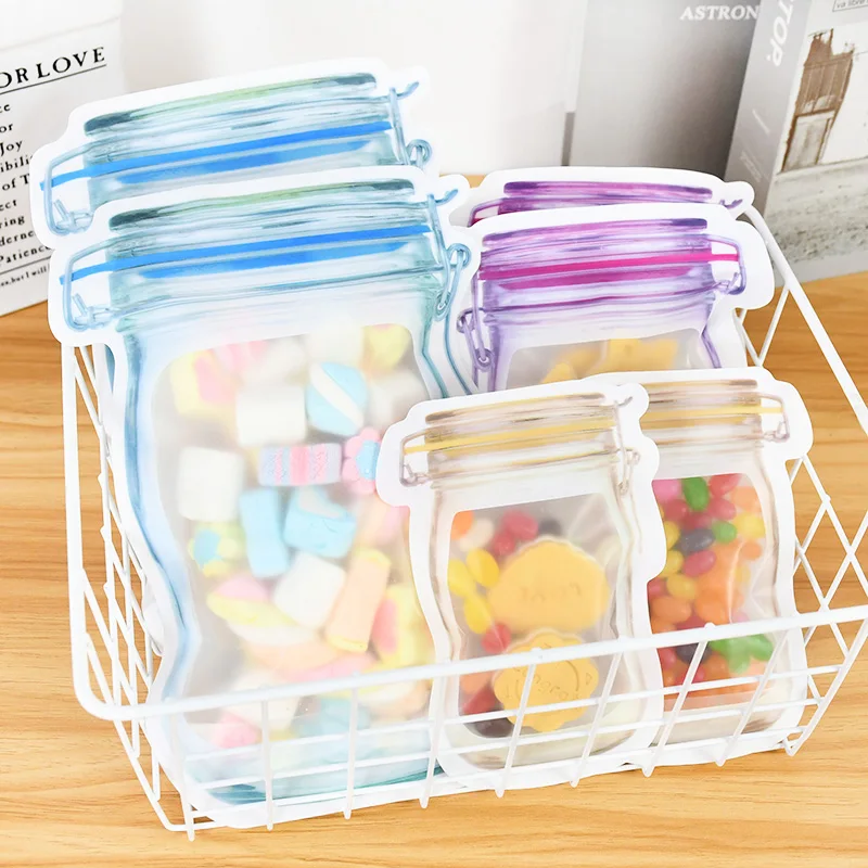 5/10Pcs Reusable Mason Jar Bottle Bag Freezer Food Storage Candy Snacks Zipper Bag For Travel Kitchen Organizer Sealed Fresh Bag