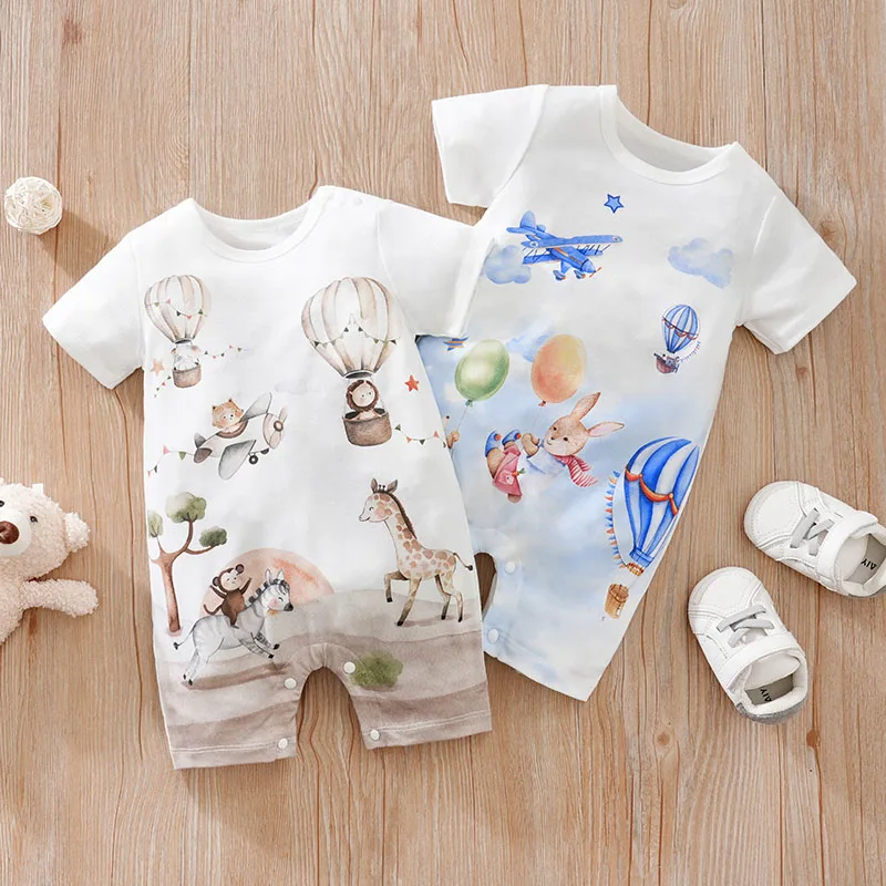 0-18 Baby Jumpsuit Cute Cartoon Hot Air Balloon Casual And Comfortable Soft Boy And Girl Summer Short Sleeved Newborn Clothes