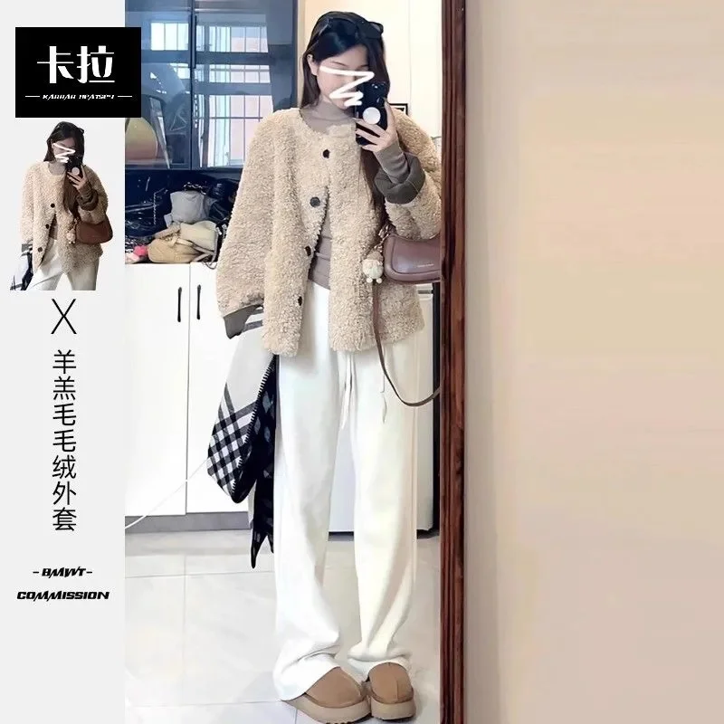 Корейская женская повседневная шуба с круглым вырезом, женская модная куртка из искусственного меха высокого класса, осенне-зимняя женская плюшевая верхняя одежда с длинными рукавами