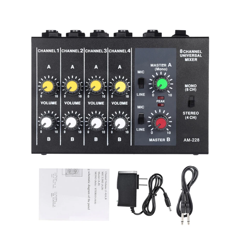 

8 Channels Audio Sound Mixer AM-228 US PLUG Ultra-compact Low Noise Metal Mono Stereo with Power Adapter Cable Stage Audio