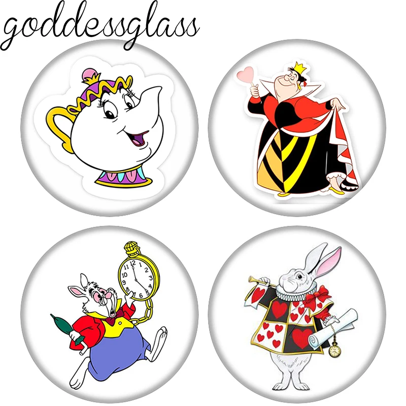 Alice im Wunderland, Rote Königin, Cheshire-Kaninchen, 12 mm/18 mm/20 mm, Fotoglas-Cabochon mit flacher Rückseite, zur Herstellung von Schlüsselanhänger-Schmuck