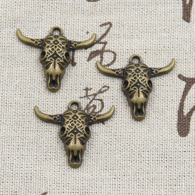 8pcs Charms Skull Bull Ox Head 25x29mm Antique Silver Color Plated Pendants Making DIY Handmade Tibetan Finding Jewelry