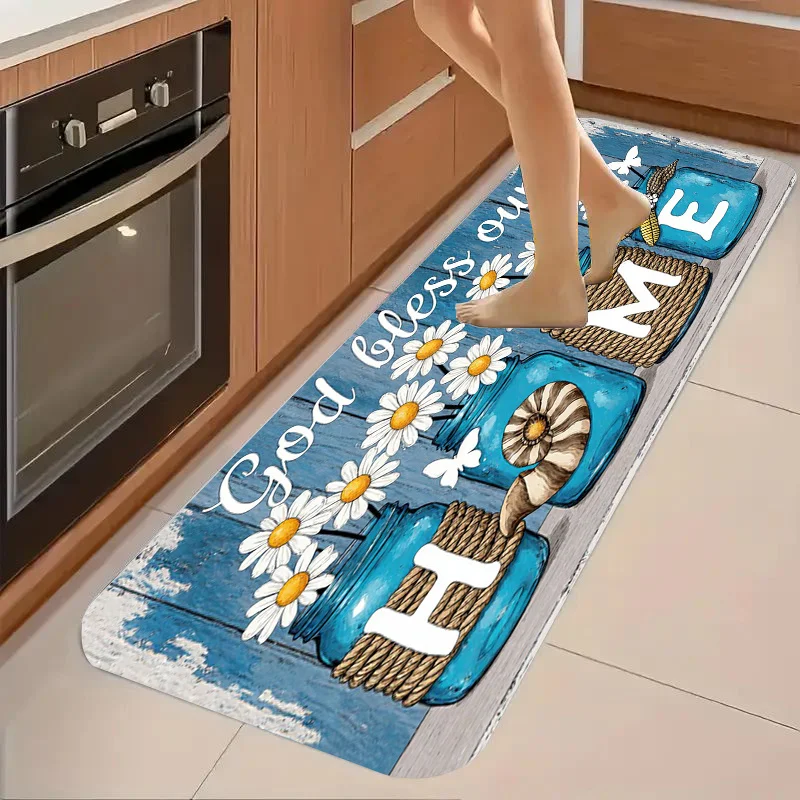 Rustic Country Long Kitchen Mat  Vintage Blue Board Daisy Butterfly Home Sign Design Washable Anti Slip Rug