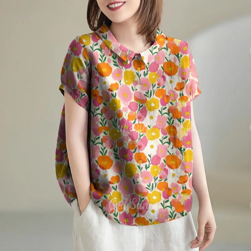 Women's Blouse Fashion Flower Print T-Shirt Top Hawaiian Comfort Short Sleeve Blouse Summer Street Casual Lapel Women's Clothing
