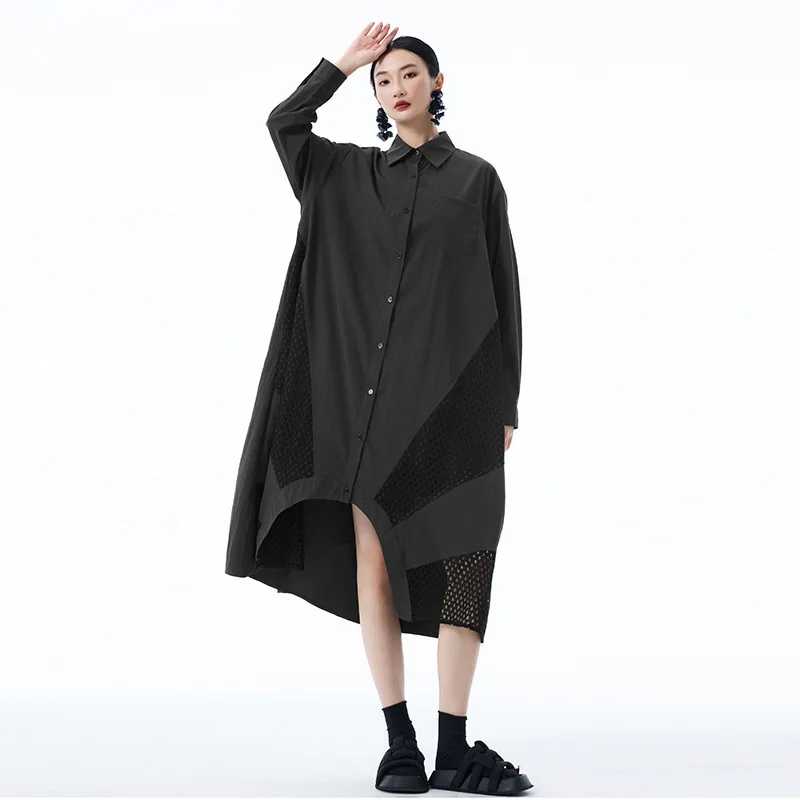 SuperAen – robe chemise à manches longues, Style japonais, Vintage, ajouré, Design épissé, nouvelle collection printemps et automne 2025, robes longues amples
