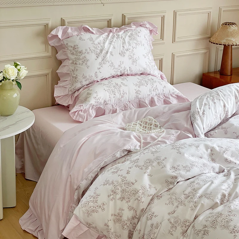 French retro floral bed four-piece princess wind ruffle edge quilt cover bed sheet three-piece set