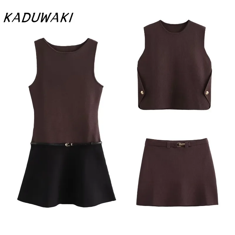 

KADUWAKI Spring Knitted Mini Skirt Sets for Lady Fashion Knitted Vest Top Women Suit 2 Piece Set Women Outfit Кастюмы Для Женщин