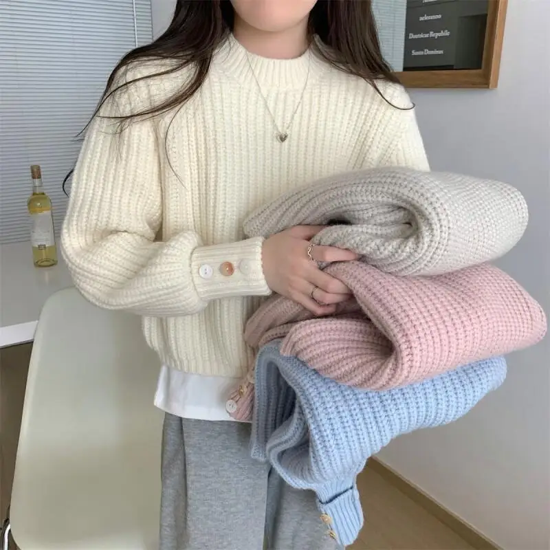 

Свитер для отдыха для девочек, модная одежда принцессы с длинными рукавами, свободная вязаная антивозрастная основа, универсальная весенне-осенняя одежда, новинка снаружи