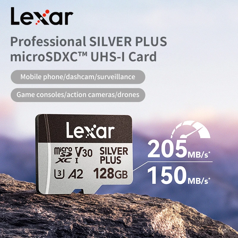 بطاقة Lexar SILVER PLUS microSDXC UHS-I V30 A2 بطاقة Micro SD 64G 128GB 256GB 512GB بطاقة الذاكرة الأصلية بحد أقصى 205Mb/s بطاقة فلاش TF
