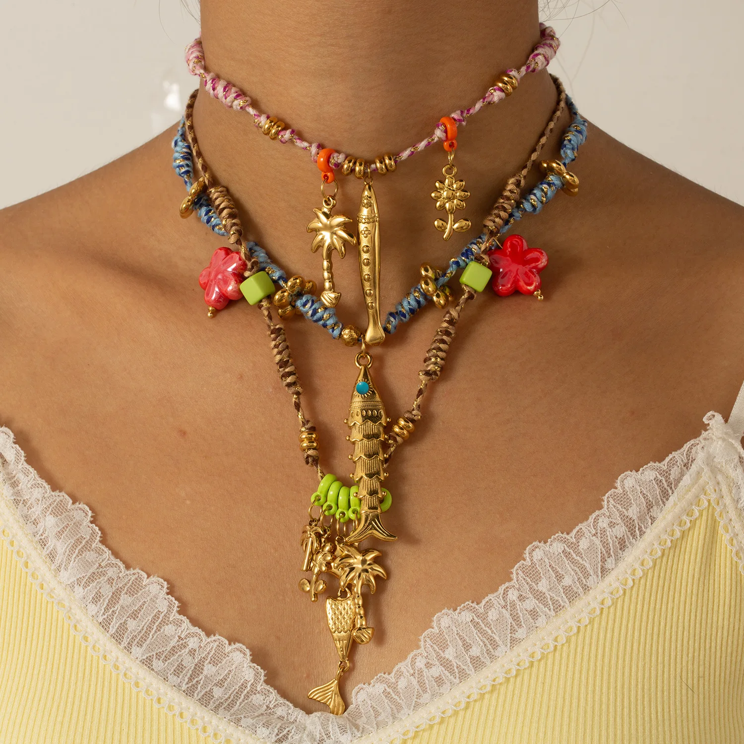 

Colorful handmade cotton rope necklace match stainless steel fish coconut tree flower pendant charms colorful fashion jewelry
