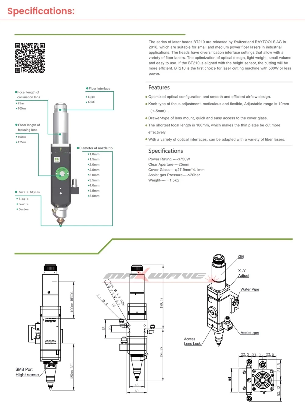 Ray tools-cabezal de corte de fibra para corte de Metal, BT210S, 0-1500w