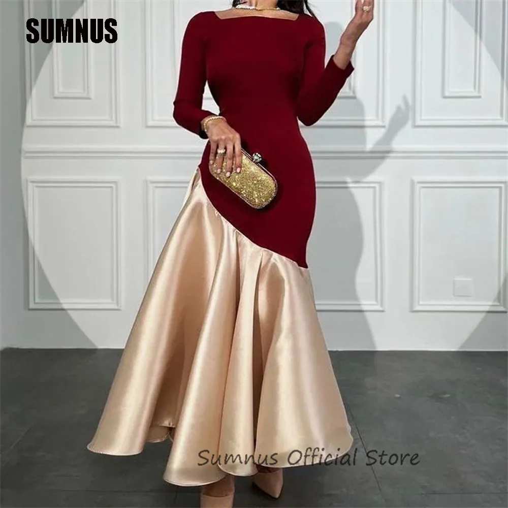 

SUMNUS Dubai Arabia Mermaid Evening Dresses Long Sleeves Square Neck Draped Satin Elegant Gowns Women Dress Vestidos De Noche