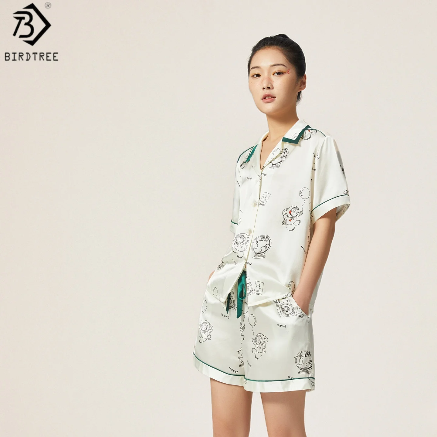 

BirdTree, 19MM 100% Silk Pajamas Set, Short Sleeve, Women's Plain Satin Lapel Homewear Soft Clothes, 2026 Spring New P64643JF